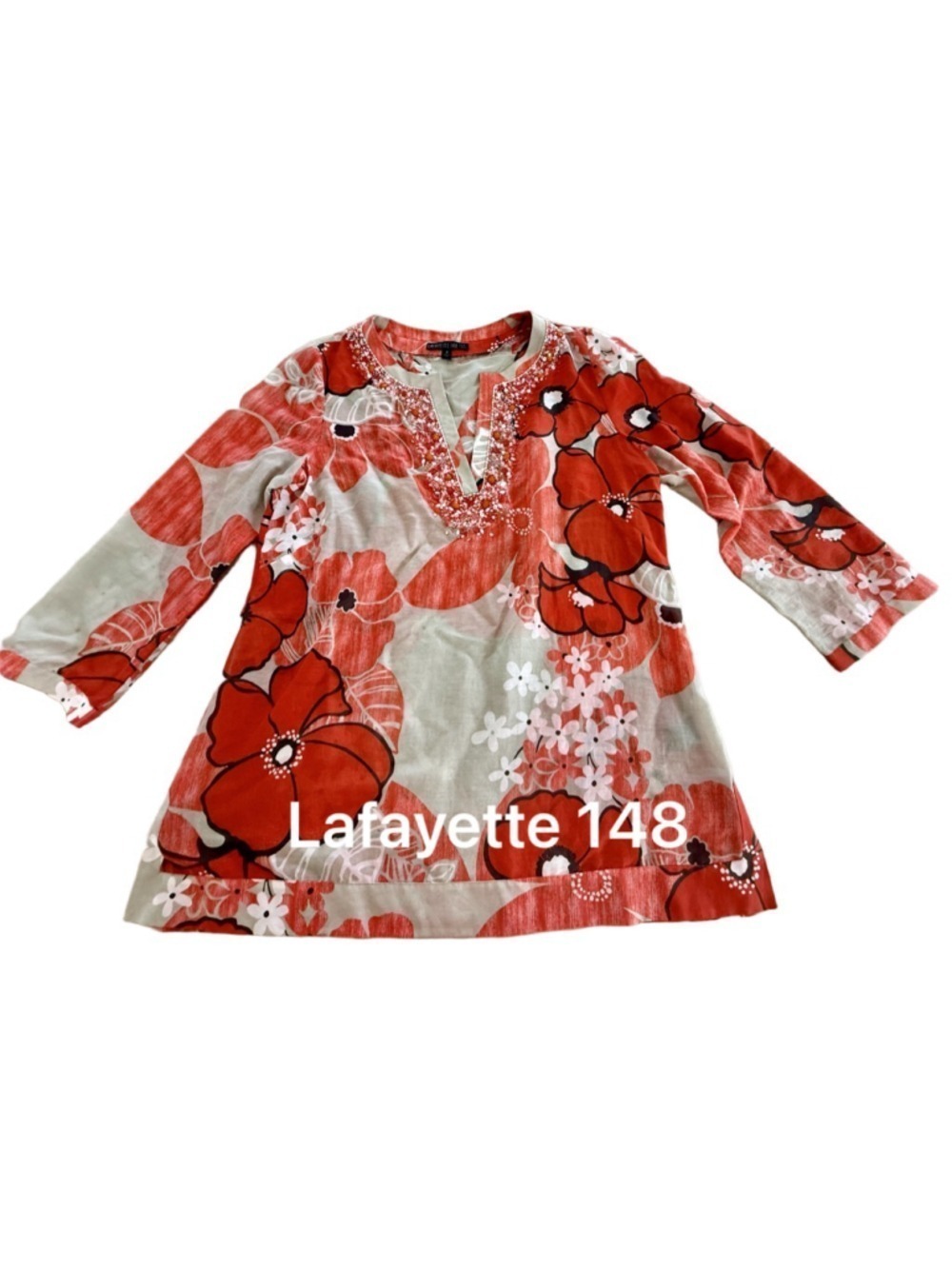 Lafayette 148 New York Tunic Top Size 12 Orange Beige Floral Beaded, silk, resor
